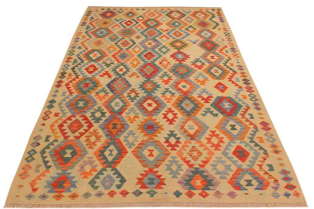 Flat Weave Kilim, Antique, Navaho, Vintage, Handmade, Geometric Kilim Tan Blue Hand-Woven Rectangle 100% Wool Area Rug 7 x 10