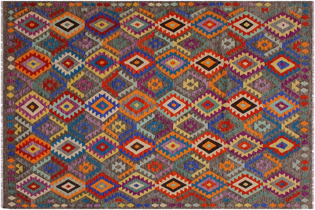Flat Weave Kilim, Antique, Navaho, Vintage, Handmade, Geometric Kilim Brown Blue Hand-Woven Rectangle 100% Wool Area Rug 7 x 10