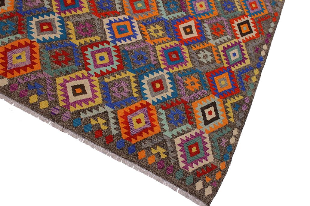 Flat Weave Kilim, Antique, Navaho, Vintage, Handmade, Geometric Kilim Brown Blue Hand-Woven Rectangle 100% Wool Area Rug 7 x 10