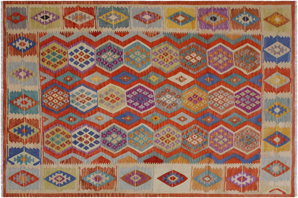 Flat Weave Kilim, Antique, Navaho, Vintage, Handmade, Geometric Kilim Rust Beige Hand-Woven Rectangle 100% Wool Area Rug 8 x 10