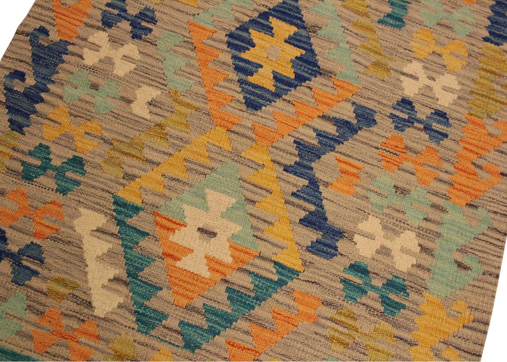 Flat Weave Kilim, Antique, Navaho, Vintage, Handmade, Geometric Kilim Gray Gold Hand-Woven Rectangle 100% Wool Area Rug 3 x 4