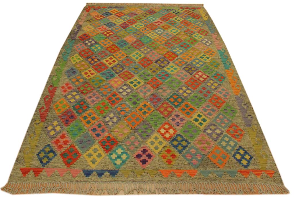 Flat Weave Kilim, Antique, Navaho, Vintage, Handmade, Geometric Kilim Brown Rust Hand-Woven Rectangle 100% Wool Area Rug 6 x 8