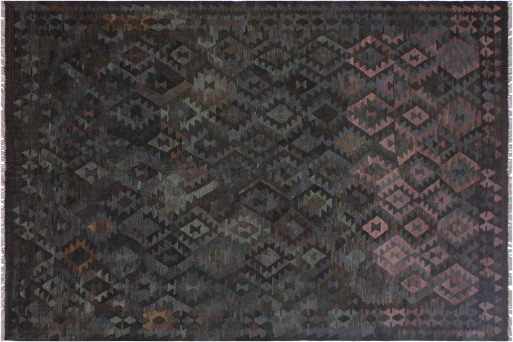Flat Weave Kilim, Antique, Navaho, Vintage, Handmade, Geometric Kilim Brown Green Hand-Woven Rectangle 100% Wool Area Rug 7 x 10