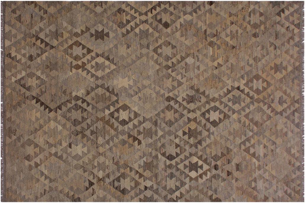 Flat Weave Kilim, Antique, Navaho, Vintage, Handmade, Geometric Kilim Tan Gray Hand-Woven Rectangle 100% Wool Area Rug 6 x 8