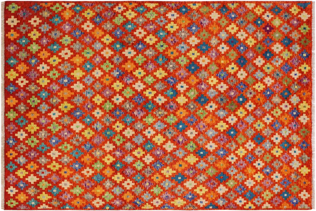 handmade Geometric Balouchi Orange Green Hand Knotted RECTANGLE 100% WOOL area rug 5' x 7'