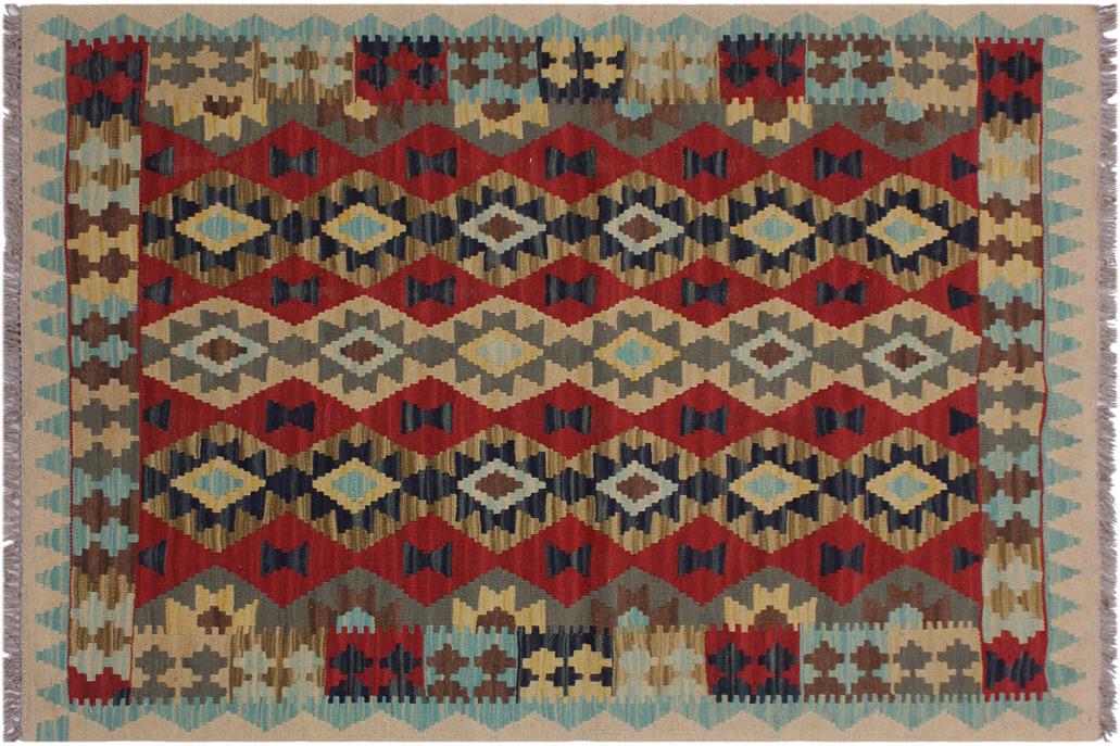 Flat Weave Kilim, Antique, Navaho, Vintage, Handmade, Geometric Kilim Beige Red Hand-Woven Rectangle 100% Wool Area Rug 3 x 5