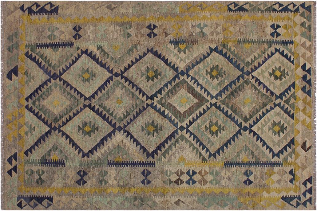Flat Weave Kilim, Antique, Navaho, Vintage, Handmade, Geometric Kilim Gray Gold Hand-Woven Rectangle 100% Wool Area Rug 6 x 8