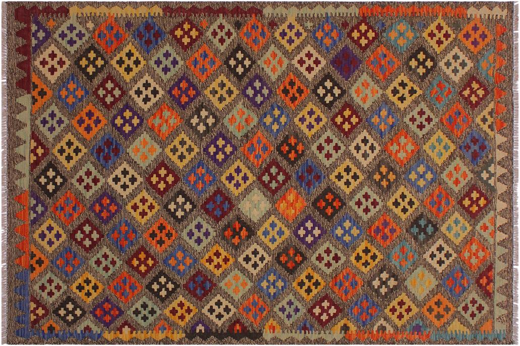 Flat Weave Kilim, Antique, Navaho, Vintage, Handmade, Geometric Kilim Brown Tan Hand-Woven Rectangle 100% Wool Area Rug 5 x 6