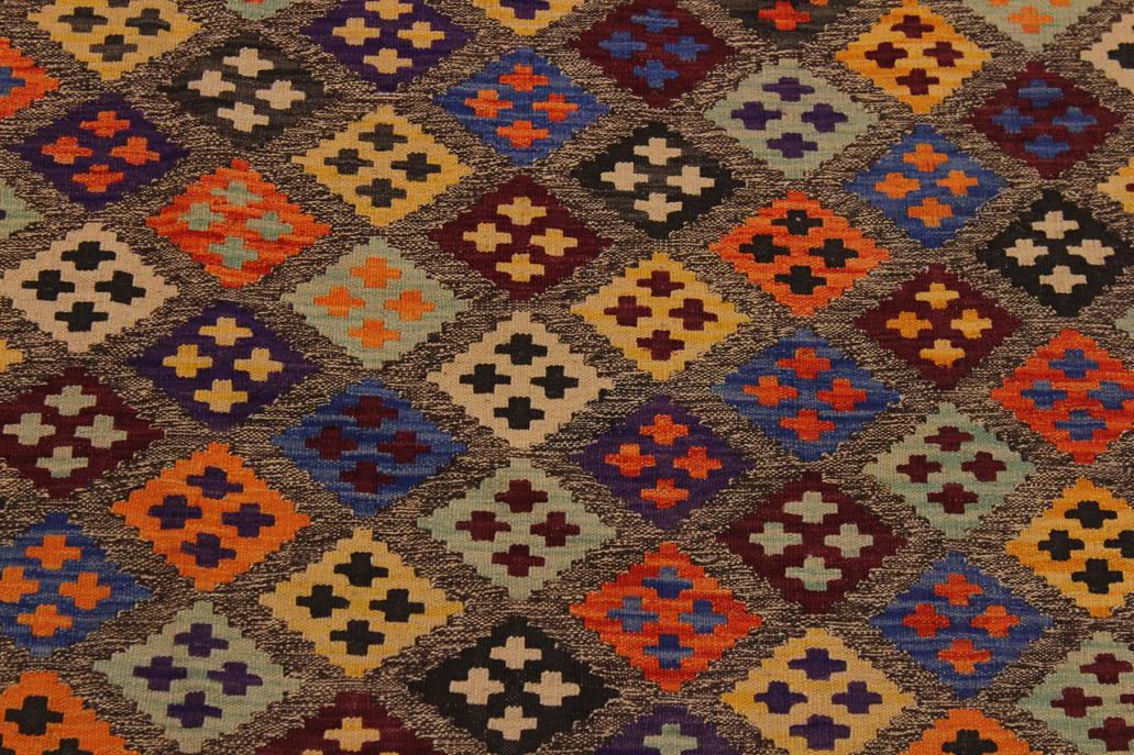 Flat Weave Kilim, Antique, Navaho, Vintage, Handmade, Geometric Kilim Brown Tan Hand-Woven Rectangle 100% Wool Area Rug 5 x 6
