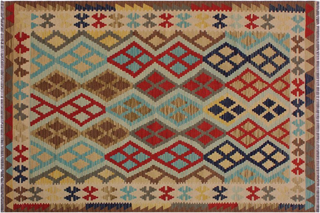 Flat Weave Kilim, Antique, Navaho, Vintage, Handmade, Geometric Kilim Beige Brown Hand-Woven Rectangle 100% Wool Area Rug 5 x 7