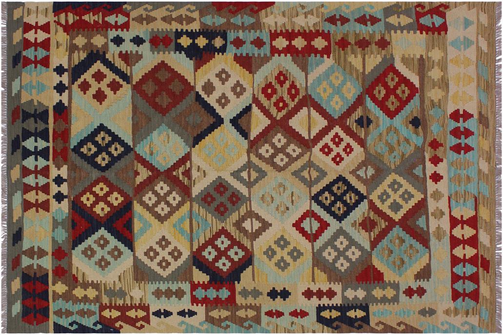 Flat Weave Kilim, Antique, Navaho, Vintage, Handmade, Geometric Kilim Beige Red Hand-Woven Rectangle 100% Wool Area Rug 5 x 7