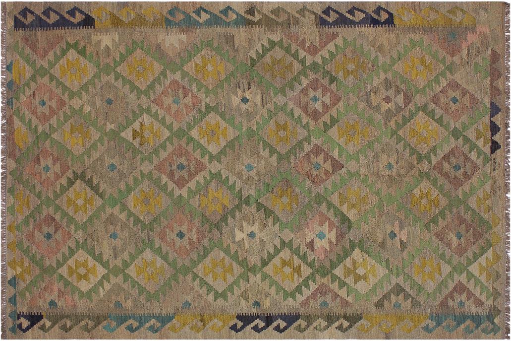 Flat Weave Kilim, Antique, Navaho, Vintage, Handmade, Geometric Kilim Lt. Brown Blue Hand-Woven Rectangle 100% Wool Area Rug 6 x 8