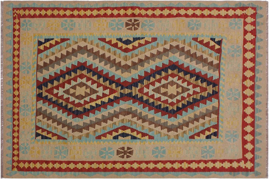 Flat Weave Kilim, Antique, Navaho, Vintage, Handmade, Geometric Kilim Tan Blue Hand-Woven Rectangle 100% Wool Area Rug 4 x 6