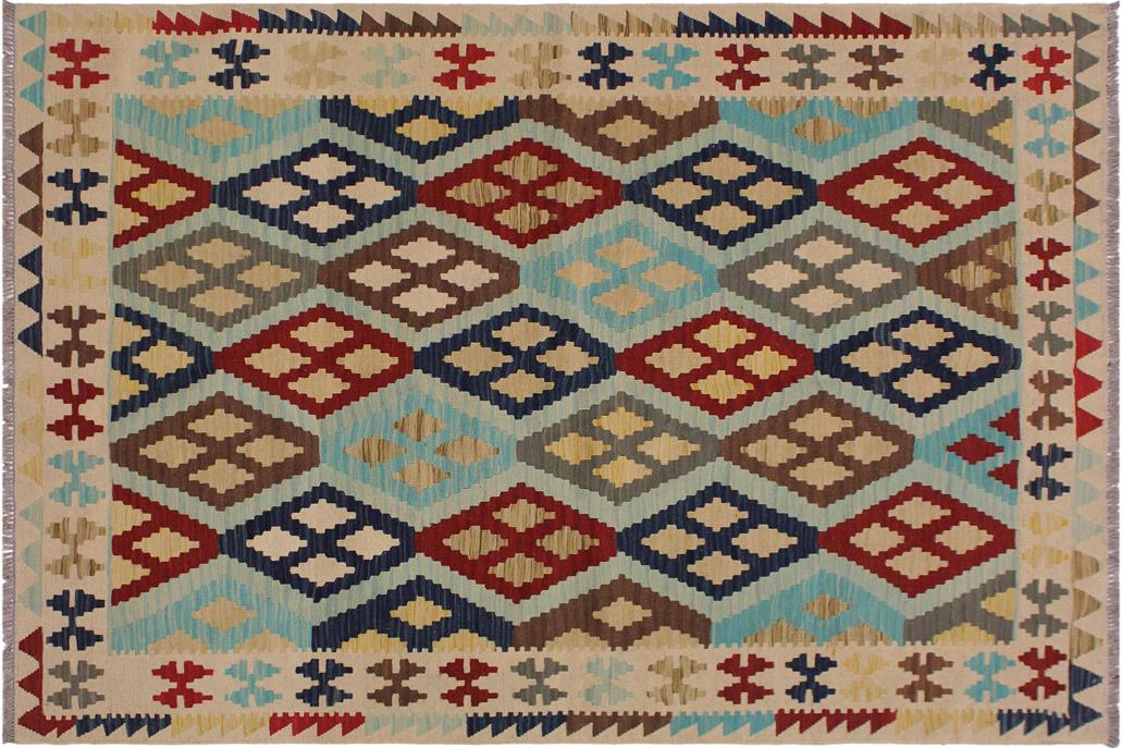 Flat Weave Kilim, Antique, Navaho, Vintage, Handmade, Geometric Kilim Ivory Brown Hand-Woven Rectangle 100% Wool Area Rug 5 x 7