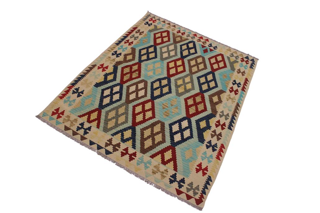 Flat Weave Kilim, Antique, Navaho, Vintage, Handmade, Geometric Kilim Ivory Brown Hand-Woven Rectangle 100% Wool Area Rug 5 x 7