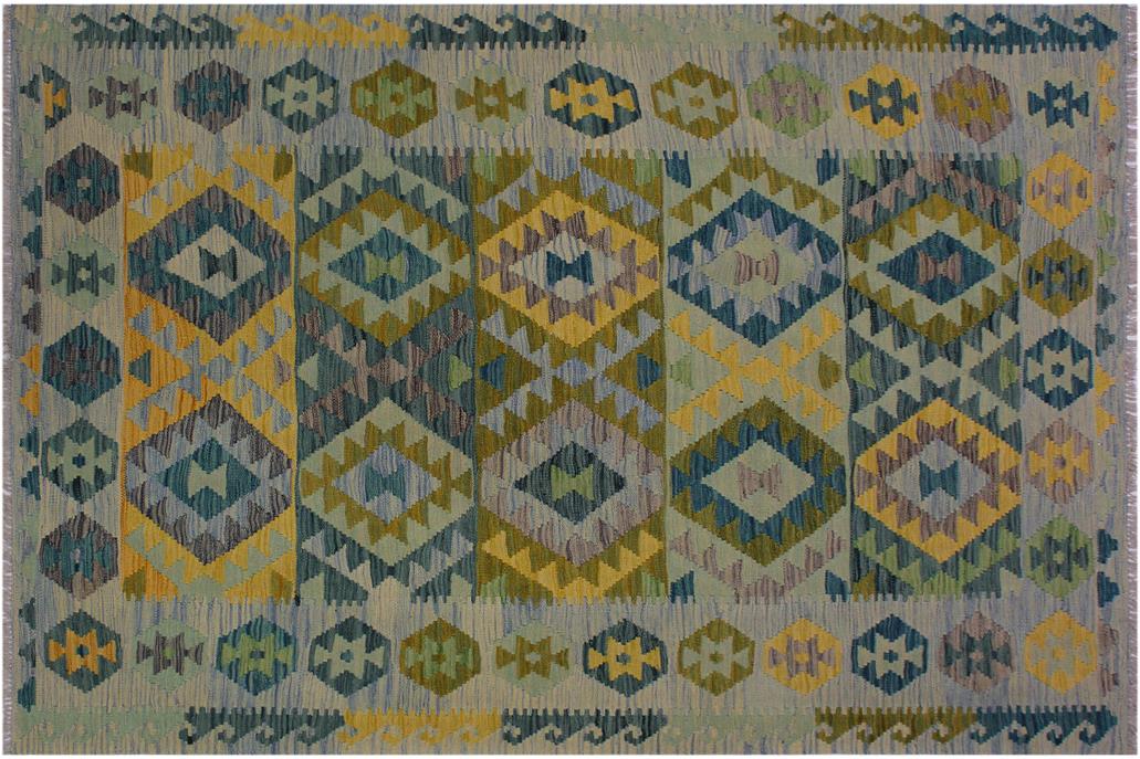 Flat Weave Kilim, Antique, Navaho, Vintage, Handmade, Geometric Kilim Gray Blue Hand-Woven Rectangle 100% Wool Area Rug 5 x 7