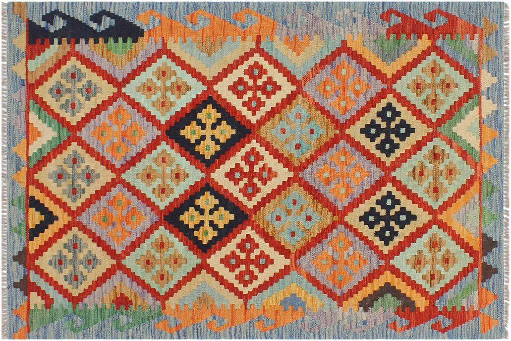 Flat Weave Kilim, Antique, Navaho, Vintage, Handmade, Geometric Kilim Rust Blue Hand-Woven Rectangle 100% Wool Area Rug 3 x 4