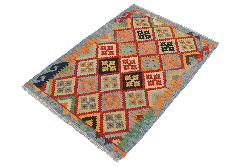 Flat Weave Kilim, Antique, Navaho, Vintage, Handmade, Geometric Kilim Rust Blue Hand-Woven Rectangle 100% Wool Area Rug 3 x 4