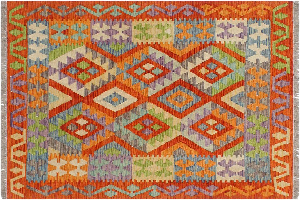 Flat Weave Kilim, Antique, Navaho, Vintage, Handmade, Geometric Kilim Rust Blue Hand-Woven Rectangle 100% Wool Area Rug 3 x 4