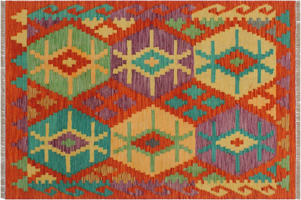 Flat Weave Kilim, Antique, Navaho, Vintage, Handmade, Geometric Kilim Rust Gold Hand-Woven Rectangle 100% Wool Area Rug 3 x 4