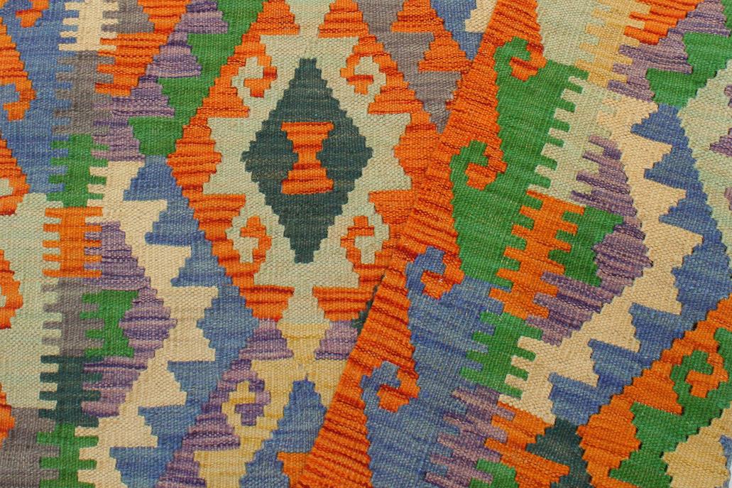 Flat Weave Kilim, Antique, Navaho, Vintage, Handmade, Geometric Kilim Rust Blue Hand-Woven Rectangle 100% Wool Area Rug 3 x 3