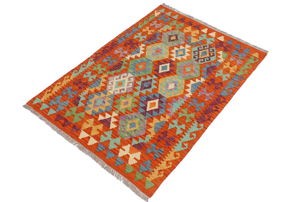 Flat Weave Kilim, Antique, Navaho, Vintage, Handmade, Geometric Kilim Rust Blue Hand-Woven Rectangle 100% Wool Area Rug 3 x 4