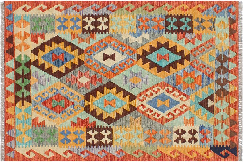 Flat Weave Kilim, Antique, Navaho, Vintage, Handmade, Geometric Kilim Blue Rust Hand-Woven Rectangle 100% Wool Area Rug 3 x 4