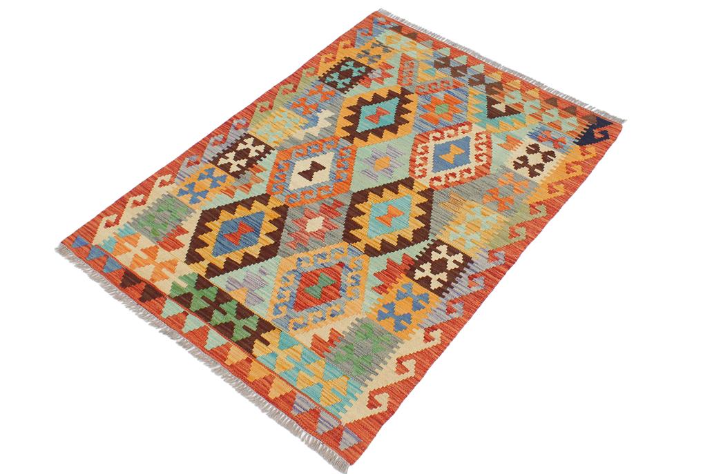 Flat Weave Kilim, Antique, Navaho, Vintage, Handmade, Geometric Kilim Blue Rust Hand-Woven Rectangle 100% Wool Area Rug 3 x 4