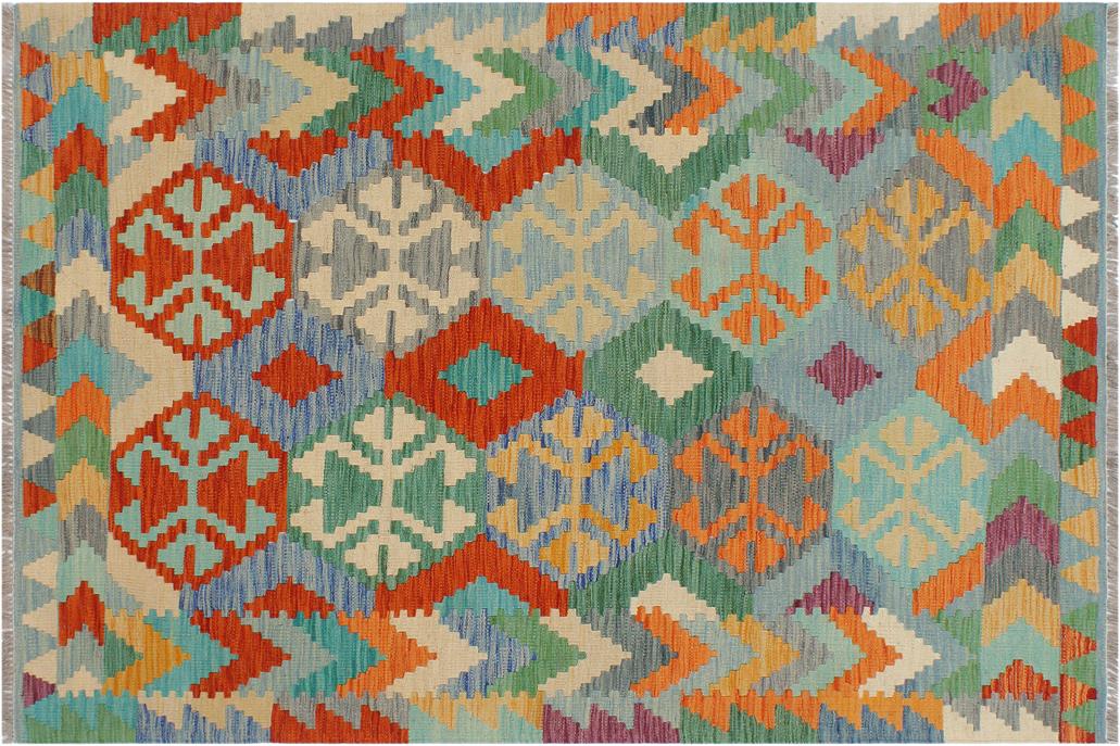 Flat Weave Kilim, Antique, Navaho, Vintage, Handmade, Geometric Kilim Rust Blue Hand-Woven Rectangle 100% Wool Area Rug 4 x 5