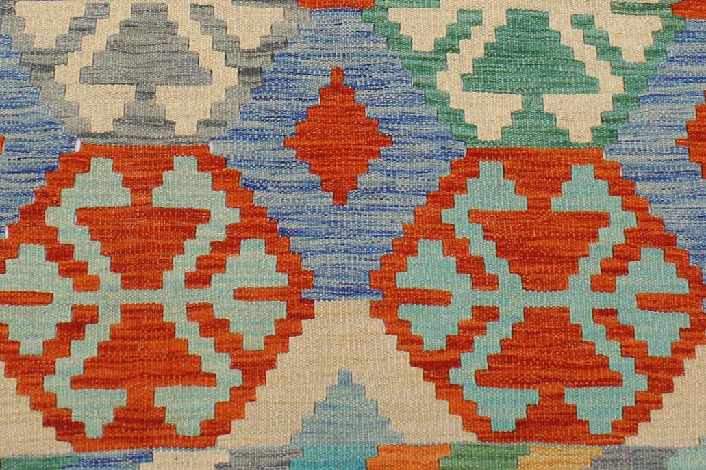 Flat Weave Kilim, Antique, Navaho, Vintage, Handmade, Geometric Kilim Rust Blue Hand-Woven Rectangle 100% Wool Area Rug 4 x 5