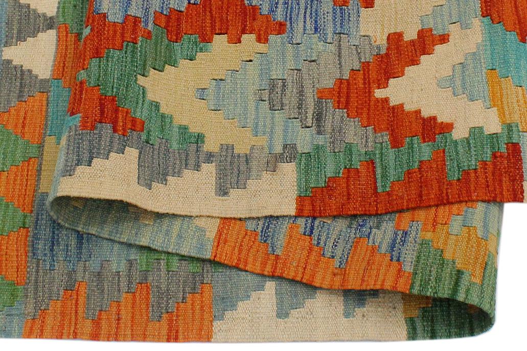 Flat Weave Kilim, Antique, Navaho, Vintage, Handmade, Geometric Kilim Rust Blue Hand-Woven Rectangle 100% Wool Area Rug 4 x 5