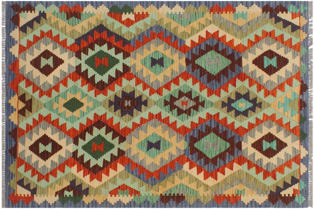 Flat Weave Kilim, Antique, Navaho, Vintage, Handmade, Geometric Kilim Rust Blue Hand-Woven Rectangle 100% Wool Area Rug 3 x 5