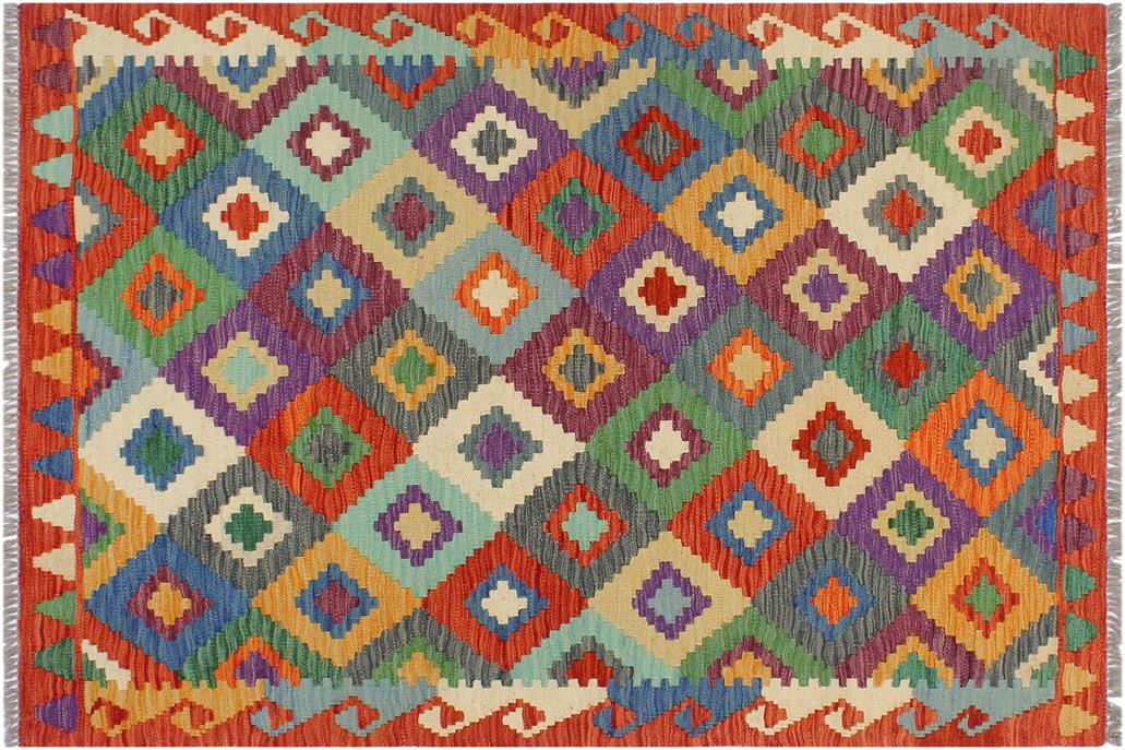 Flat Weave Kilim, Antique, Navaho, Vintage, Handmade, Geometric Kilim Rust Beige Hand-Woven Rectangle 100% Wool Area Rug 3 x 5