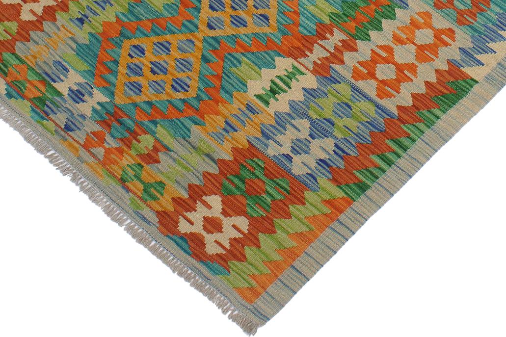 Flat Weave Kilim, Antique, Navaho, Vintage, Handmade, Geometric Kilim Gold Blue Hand-Woven Rectangle 100% Wool Area Rug 3 x 5