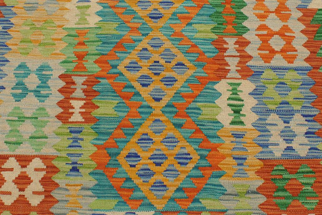 Flat Weave Kilim, Antique, Navaho, Vintage, Handmade, Geometric Kilim Gold Blue Hand-Woven Rectangle 100% Wool Area Rug 3 x 5