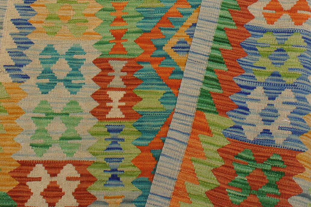 Flat Weave Kilim, Antique, Navaho, Vintage, Handmade, Geometric Kilim Gold Blue Hand-Woven Rectangle 100% Wool Area Rug 3 x 5