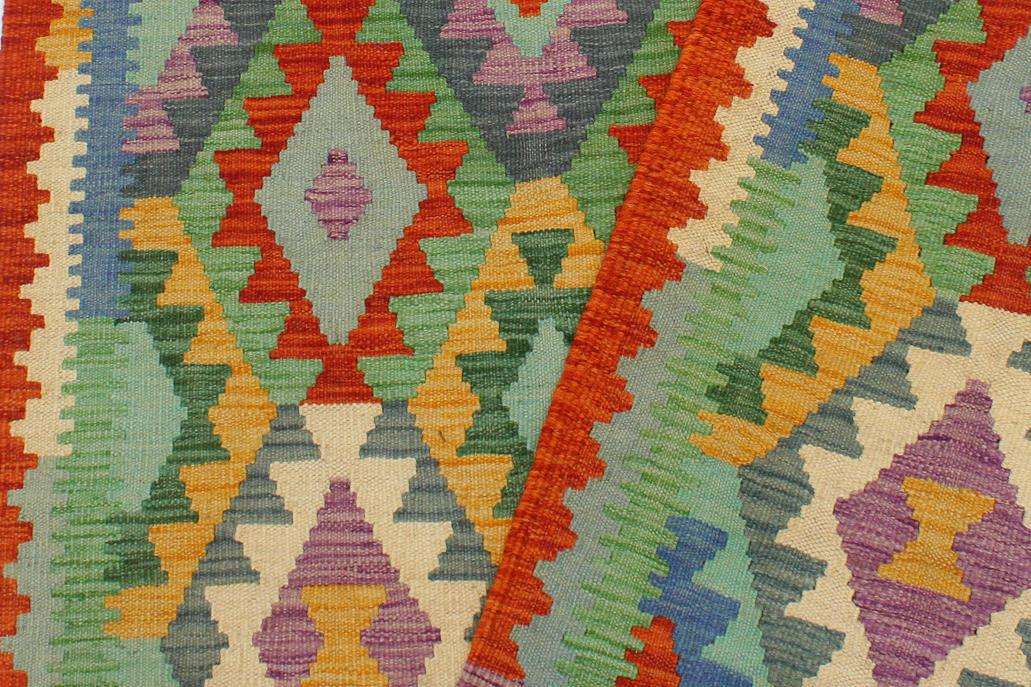 Flat Weave Kilim, Antique, Navaho, Vintage, Handmade, Geometric Kilim Blue Rust Hand-Woven Rectangle 100% Wool Area Rug 3 x 5