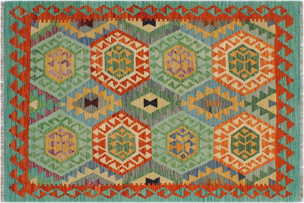 Flat Weave Kilim, Antique, Navaho, Vintage, Handmade, Geometric Kilim Rust Green Hand-Woven Rectangle 100% Wool Area Rug 3 x 5