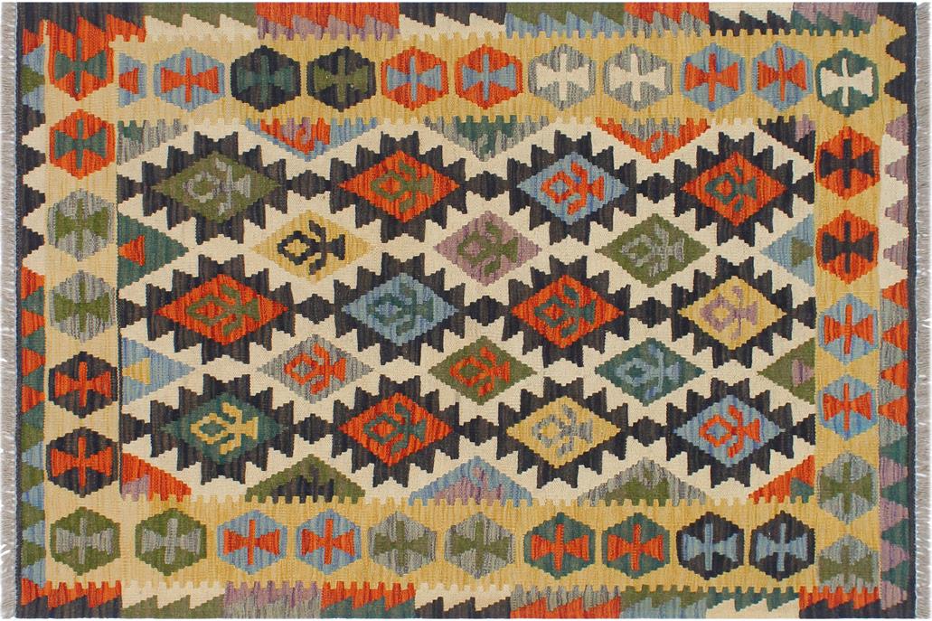 Flat Weave Kilim, Antique, Navaho, Vintage, Handmade, Geometric Kilim Blue Gold Hand-Woven Rectangle 100% Wool Area Rug 3 x 5