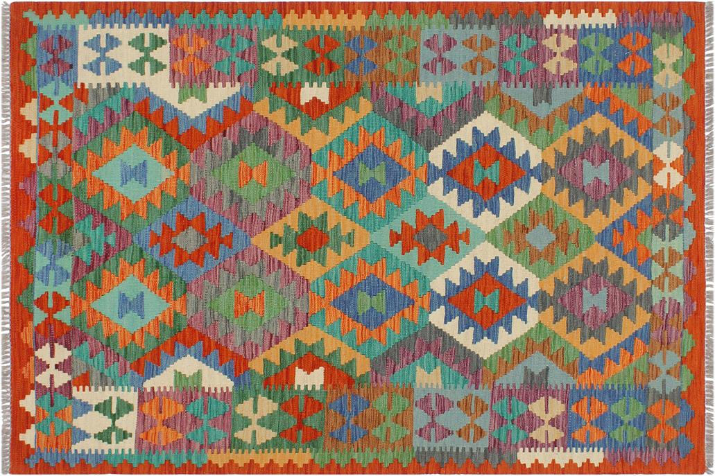 Flat Weave Kilim, Antique, Navaho, Vintage, Handmade, Geometric Kilim Blue Rust Hand-Woven Rectangle 100% Wool Area Rug 3 x 5