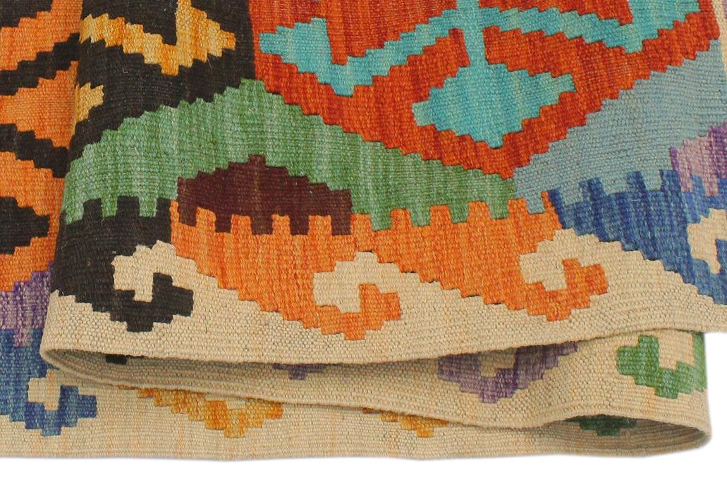 Flat Weave Kilim, Antique, Navaho, Vintage, Handmade, Geometric Kilim Blue Beige Hand-Woven Rectangle 100% Wool Area Rug 3 x 5