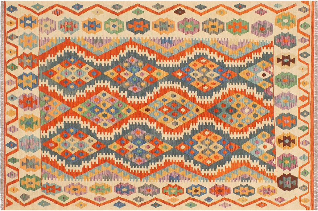 Flat Weave Kilim, Antique, Navaho, Vintage, Handmade, Geometric Kilim Rust Beige Hand-Woven Rectangle 100% Wool Area Rug 4 x 6
