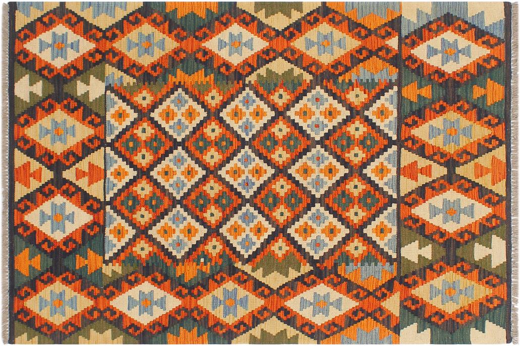 Flat Weave Kilim, Antique, Navaho, Vintage, Handmade, Geometric Kilim Blue Rust Hand-Woven Rectangle 100% Wool Area Rug 4 x 5