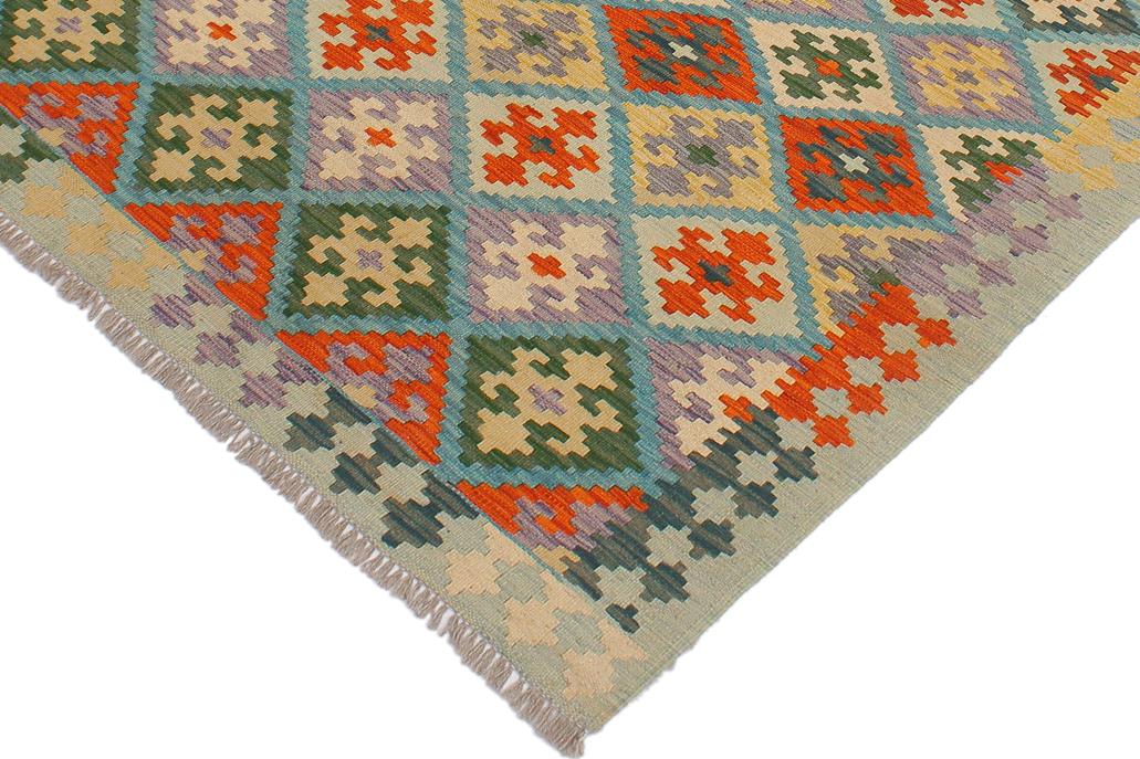 Flat Weave Kilim, Antique, Navaho, Vintage, Handmade, Geometric Kilim Blue Rust Hand-Woven Rectangle 100% Wool Area Rug 4 x 6