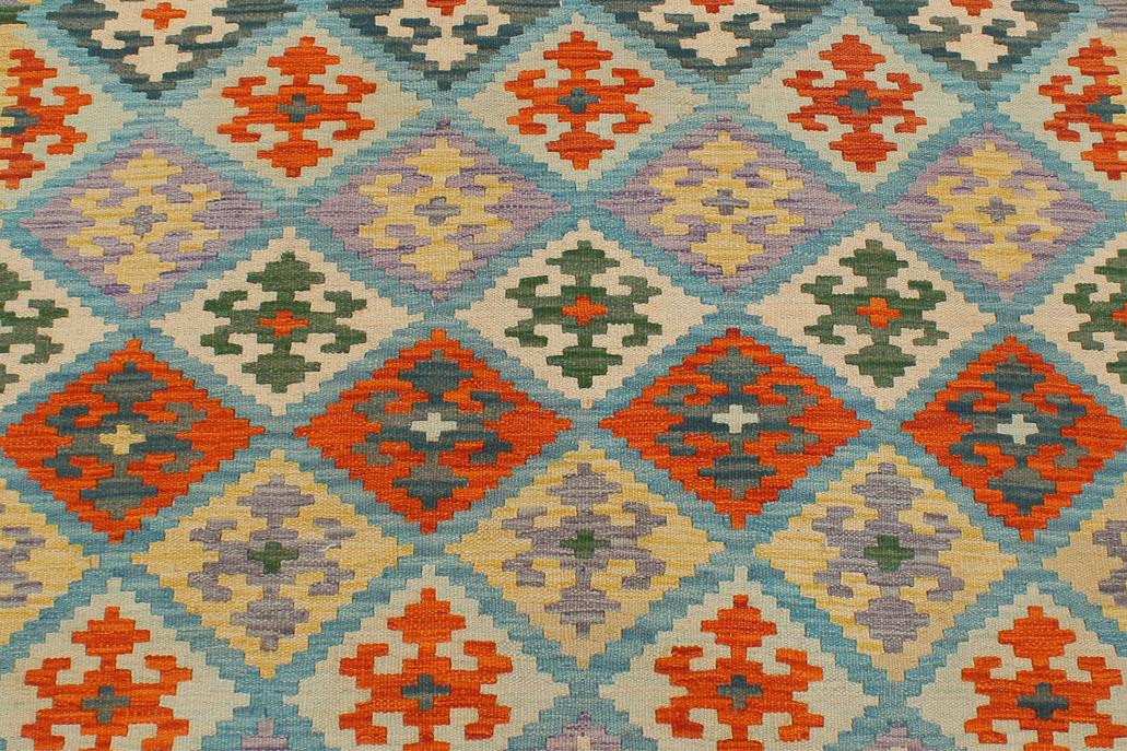 Flat Weave Kilim, Antique, Navaho, Vintage, Handmade, Geometric Kilim Blue Rust Hand-Woven Rectangle 100% Wool Area Rug 4 x 6