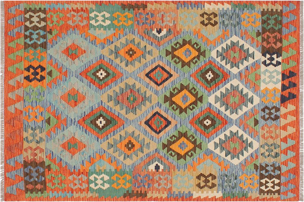 Flat Weave Kilim, Antique, Navaho, Vintage, Handmade, Geometric Kilim Blue Rust Hand-Woven Rectangle 100% Wool Area Rug 4 x 6