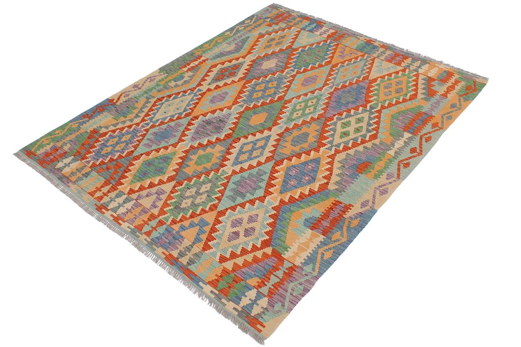 Flat Weave Kilim, Antique, Navaho, Vintage, Handmade, Geometric Kilim Blue Gray Hand-Woven Rectangle 100% Wool Area Rug 5 x 6