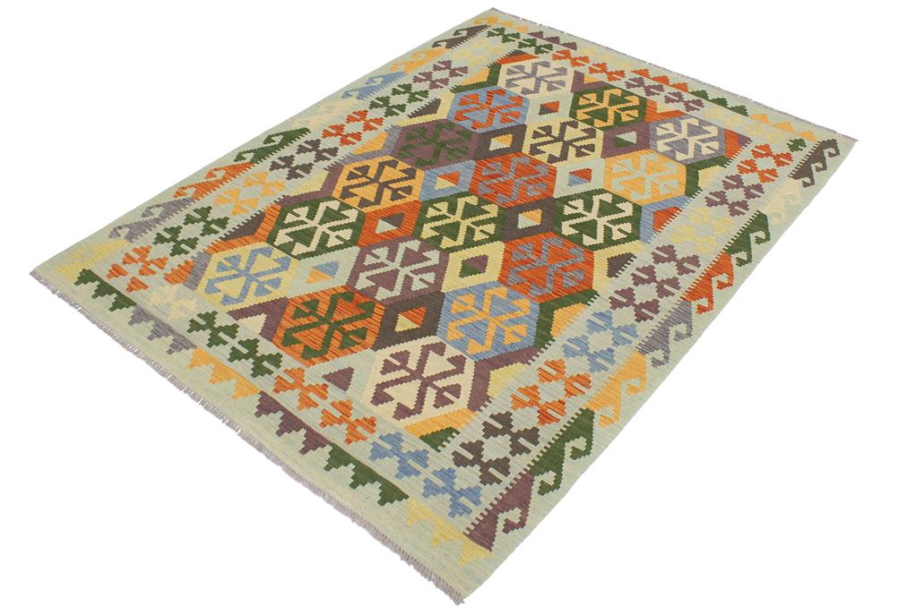 Flat Weave Kilim, Antique, Navaho, Vintage, Handmade, Geometric Kilim Rust Blue Hand-Woven Rectangle 100% Wool Area Rug 5 x 7