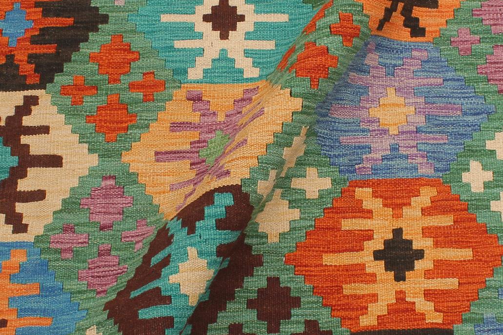Flat Weave Kilim, Antique, Navaho, Vintage, Handmade, Geometric Kilim Green Blue Hand-Woven Rectangle 100% Wool Area Rug 5 x 7