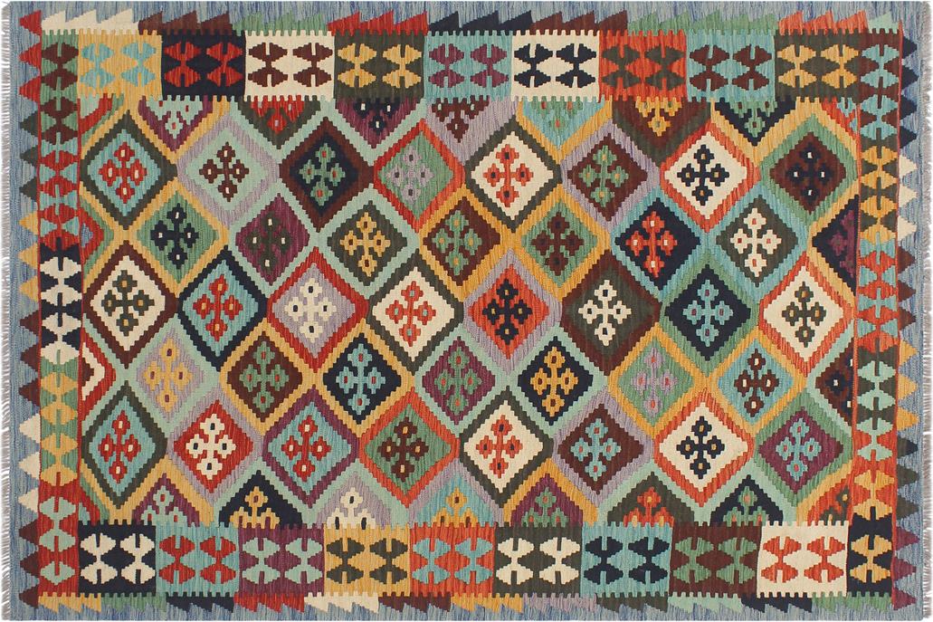 Flat Weave Kilim, Antique, Navaho, Vintage, Handmade, Geometric Kilim Rust Blue Hand-Woven Rectangle 100% Wool Area Rug 5 x 7